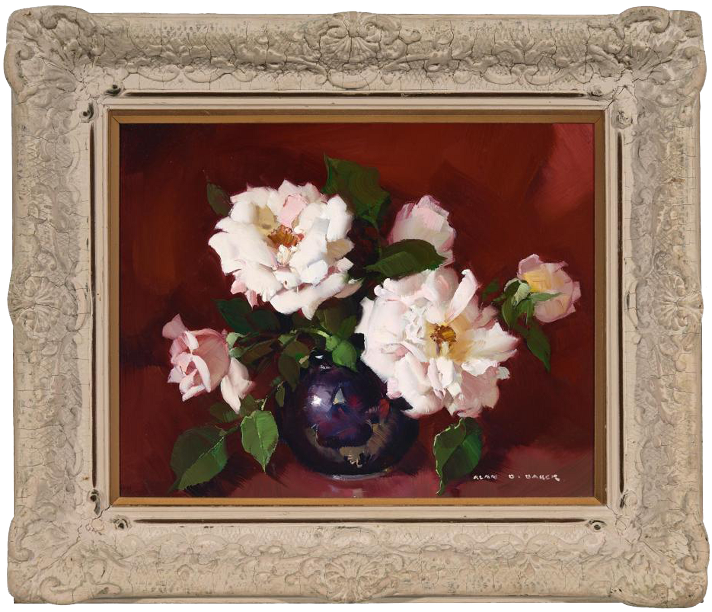 Alan Douglas Baker (1914-1987) Original Oil Painting on Board 'White Roses' 28cm x 35.5cm