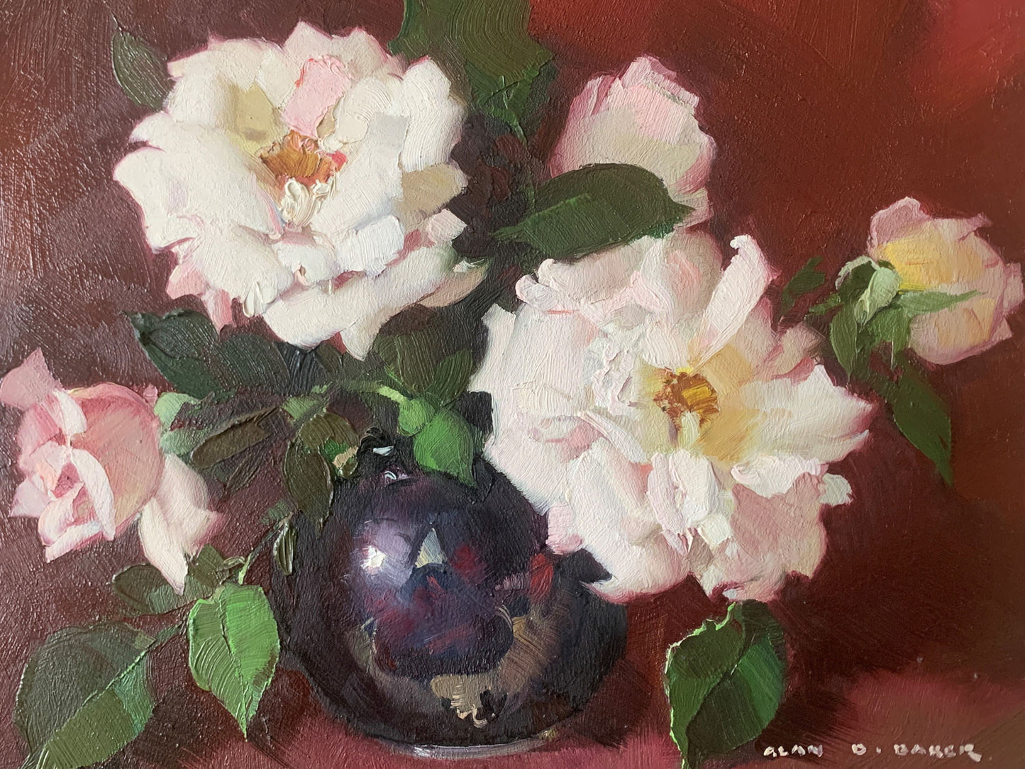 Alan Douglas Baker (1914-1987) Original Oil Painting on Board 'White Roses' 28cm x 35.5cm