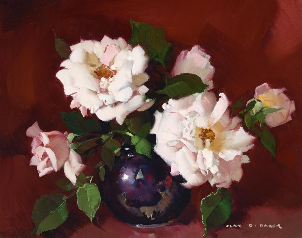 Alan Douglas Baker (1914-1987) Original Oil Painting on Board 'White Roses' 28cm x 35.5cm