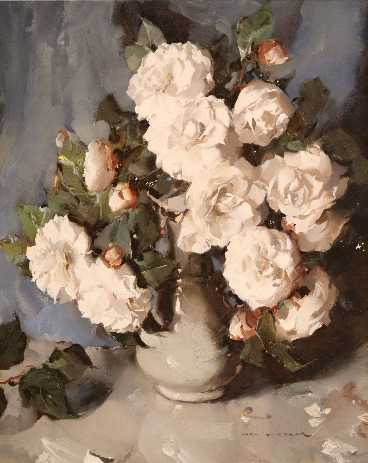 Alan Douglas Baker (1914-1987) Large Original Oil on Board 'White Camelias' 49.5cm x 39.5cm