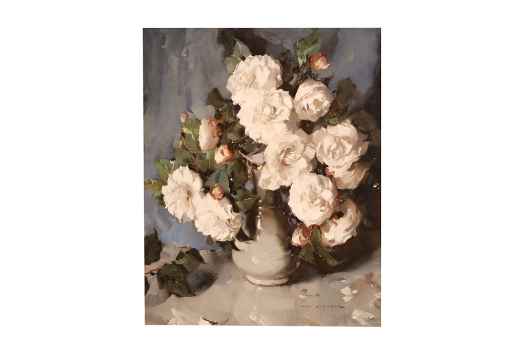 Alan Douglas Baker (1914-1987) Large Original Oil on Board 'White Camelias' 49.5cm x 39.5cm