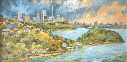 Ann Gomes Original Oil Painting on Board "Sydney Harbour" 39.5cm x 19.5cm