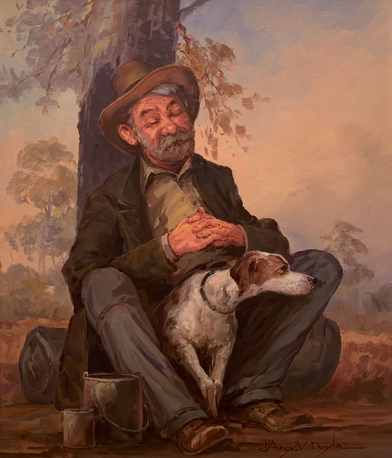 D'Arcy Doyle (1932-2001) XLarge Original Oil Painting on Board 'Swagman and His Dog' 59.5cm x 49.5cm