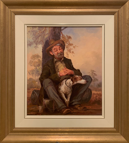 D'Arcy Doyle (1932-2001) XLarge Original Oil Painting on Board 'Swagman and His Dog' 59.5cm x 49.5cm