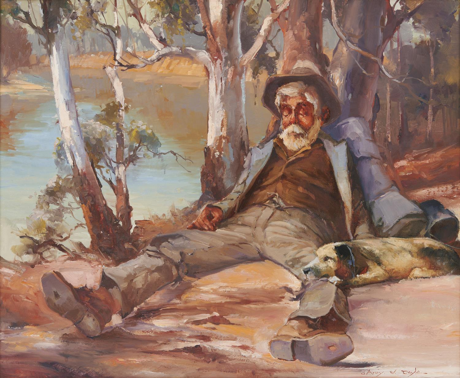 D'Arcy Doyle (1932-2001) Large Original Oil Painting on Board 'Resting Swagman and His Dog' 46cm x 56cm