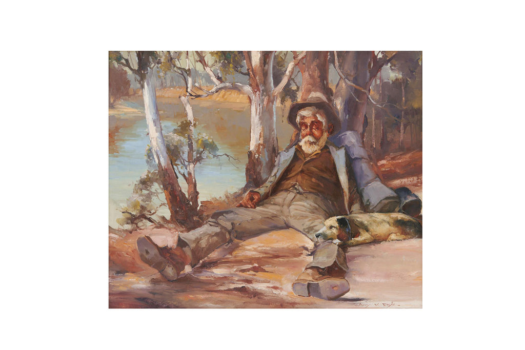 D'Arcy Doyle (1932-2001) Large Original Oil Painting on Board 'Resting Swagman and His Dog' 46cm x 56cm