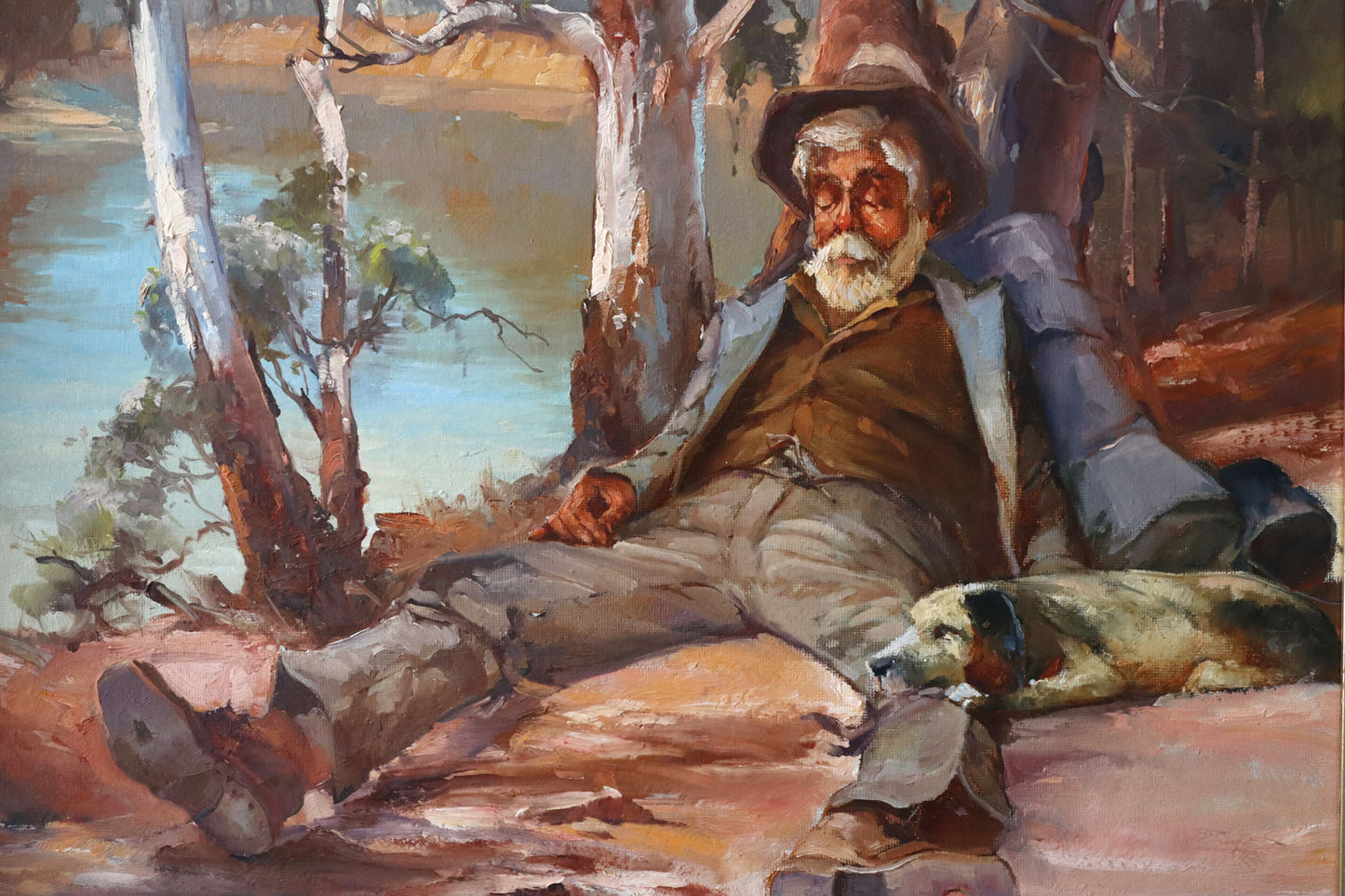 D'Arcy Doyle (1932-2001) Large Original Oil Painting on Board 'Resting Swagman and His Dog' 46cm x 56cm