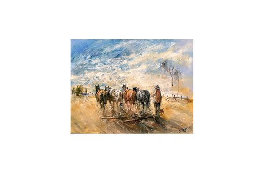 Hugh Sawrey (1919-1999) Large Original Oil Painting 'Brosnan's Plough Team' 55cm x 70cm