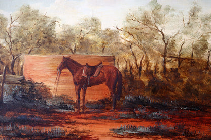 Jack Absalom (1927-2019) Original Oil Painting 'Saddled Horse by Water Tank' 29.5cm x 34.5cm