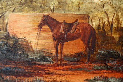 Jack Absalom (1927-2019) Original Oil Painting 'Saddled Horse by Water Tank' 29.5cm x 34.5cm