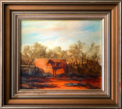 Jack Absalom (1927-2019) Original Oil Painting 'Saddled Horse by Water Tank' 29.5cm x 34.5cm