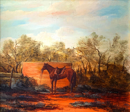 Jack Absalom (1927-2019) Original Oil Painting 'Saddled Horse by Water Tank' 29.5cm x 34.5cm