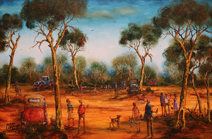 John Cobby (b.1957) Huge Original Oil on Board 'Bush Reunion' 54cm x 82cm