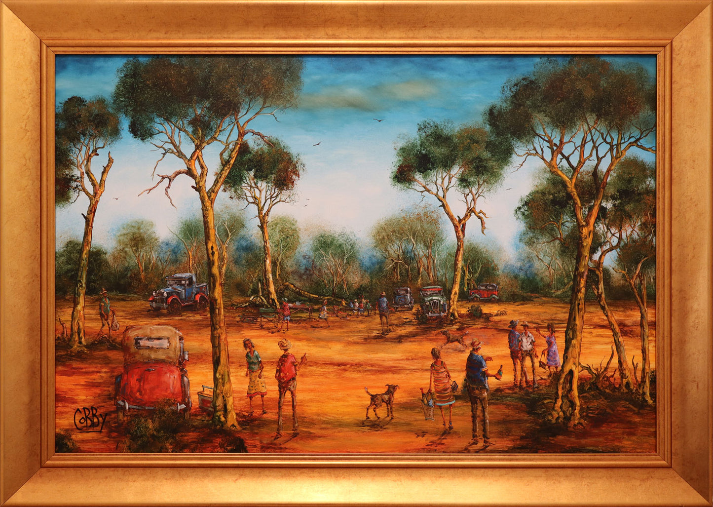 John Cobby (b.1957) Huge Original Oil on Board 'Bush Reunion' 54cm x 82cm