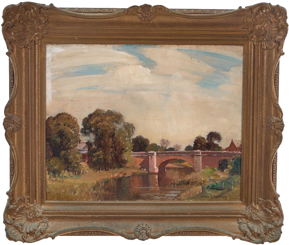 James Ranalph Jackson (1882-1975) Large Original Oil Painting on Board "The Bridge" 41cm x 52cm