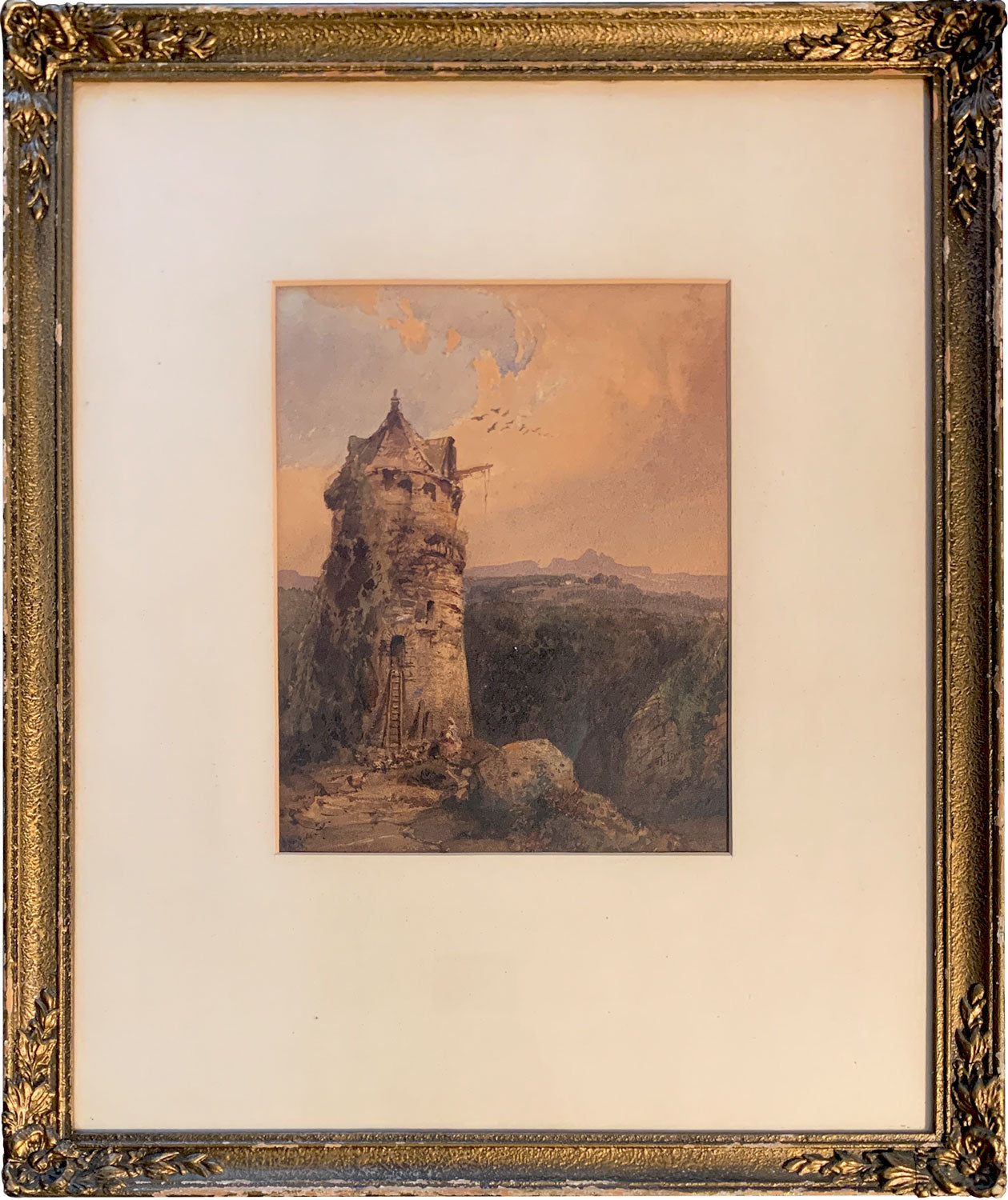 Louis Buvelot (1814-1888) Original Watercolour Painting "Watchtower in a Swiss Landscape" 26.5cm x 20.5cm