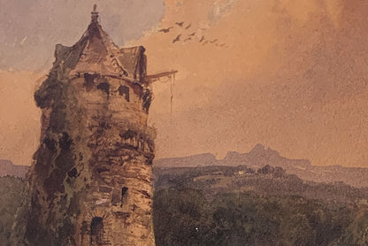 Louis Buvelot (1814-1888) Original Watercolour Painting "Watchtower in a Swiss Landscape" 26.5cm x 20.5cm