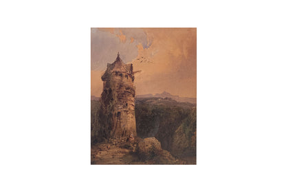 Louis Buvelot (1814-1888) Original Watercolour Painting "Watchtower in a Swiss Landscape" 26.5cm x 20.5cm