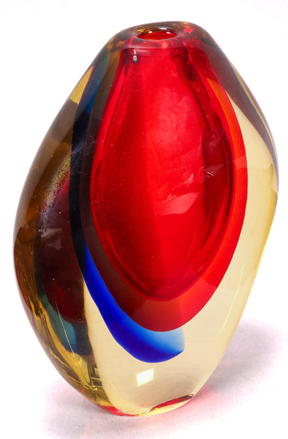 Luigi Onesto (b.1935) Murano Italy - Sommerso Red, Blue & Yellow Glass Vase 25cm