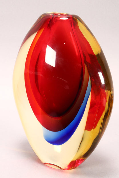 Luigi Onesto (b.1935) Murano Italy - Sommerso Red, Blue & Yellow Glass Vase 25cm