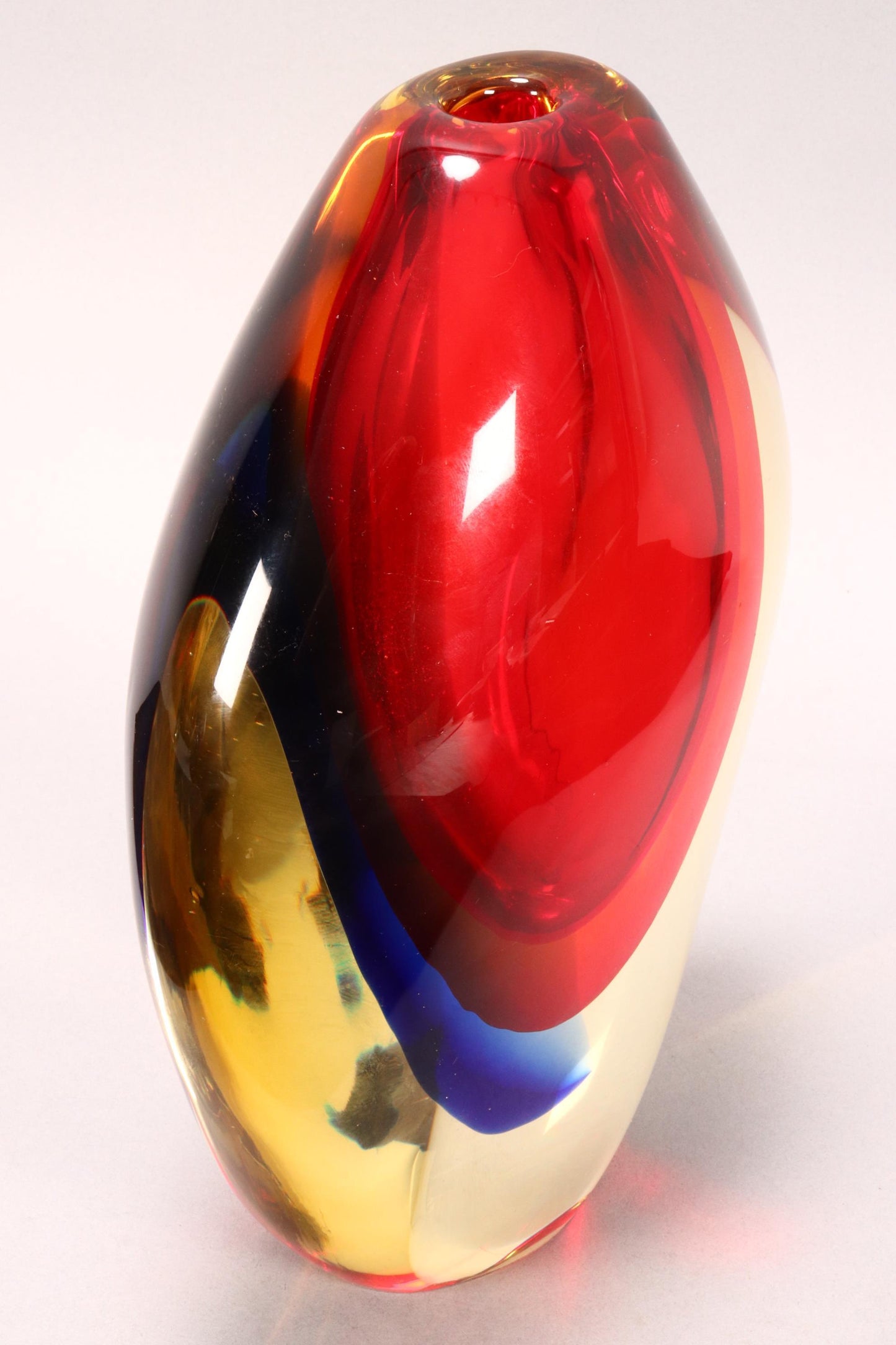 Luigi Onesto (b.1935) Murano Italy - Sommerso Red, Blue & Yellow Glass Vase 25cm