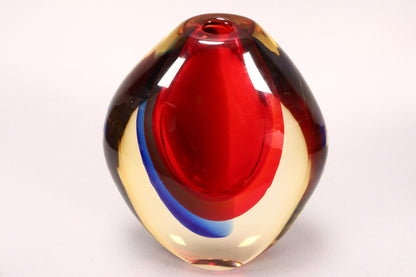 Luigi Onesto (b.1935) Murano Italy - Sommerso Red, Blue & Yellow Glass Vase 25cm