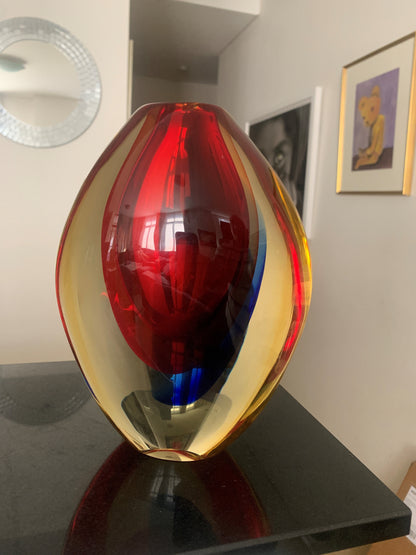 Luigi Onesto (b.1935) Murano Italy - Sommerso Red, Blue & Yellow Glass Vase 25cm