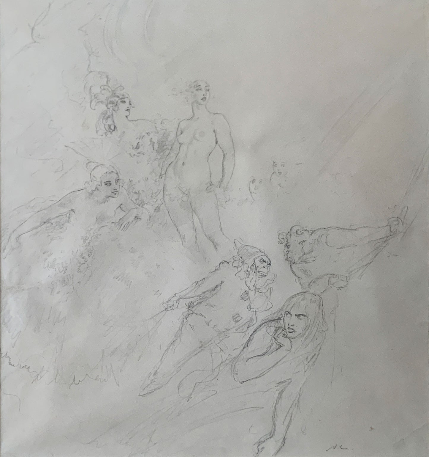 Norman Lindsay (1879-1969) Large Original Signed Pencil Drawing 'Whispers' 1928 42.5cm x 37cm