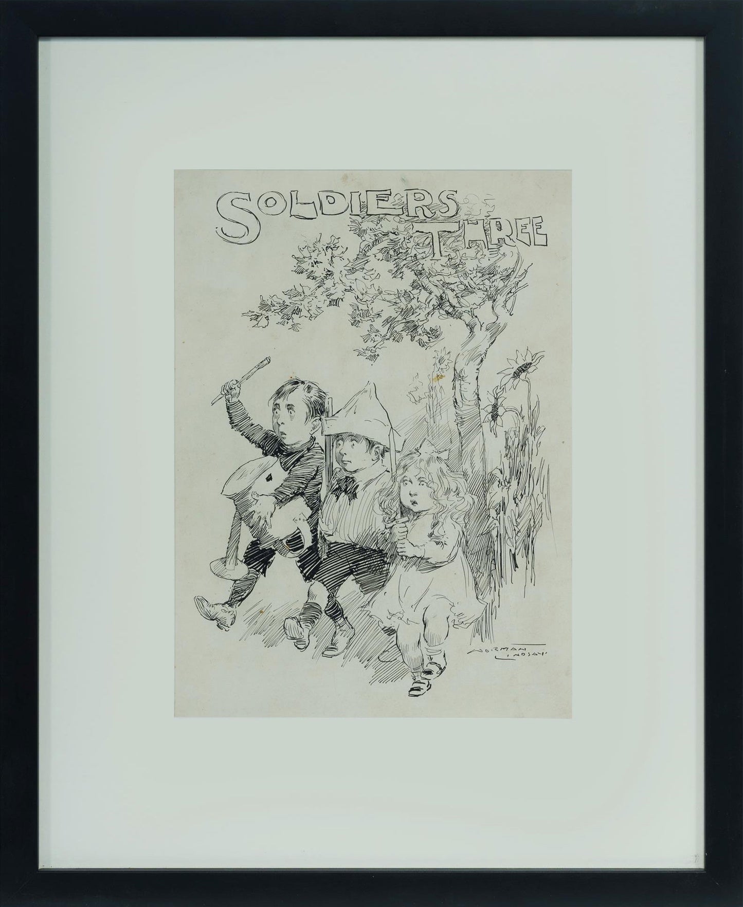 Norman Lindsay (1879-1969) Original Signed Ink Drawing 'Soldiers Three' 26cm x 19cm