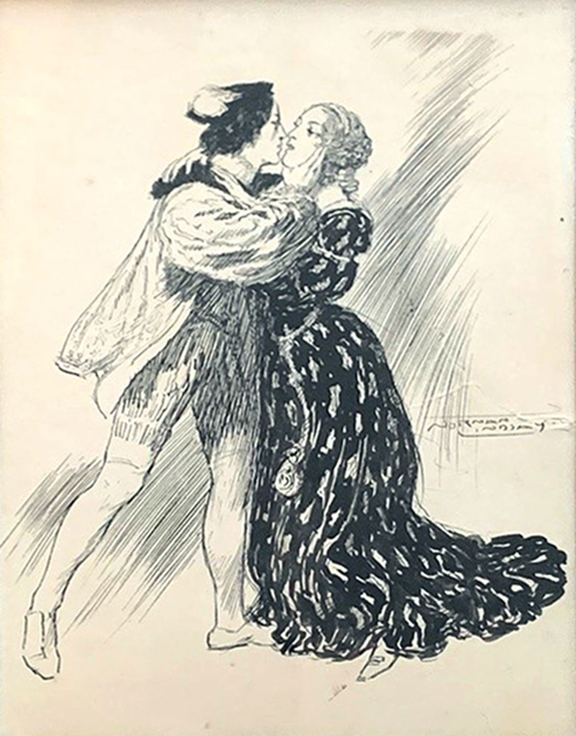 Norman Lindsay (1879-1969) - Original Signed Ink Drawing 'Love - The Kiss' 20.5cm x 15cm