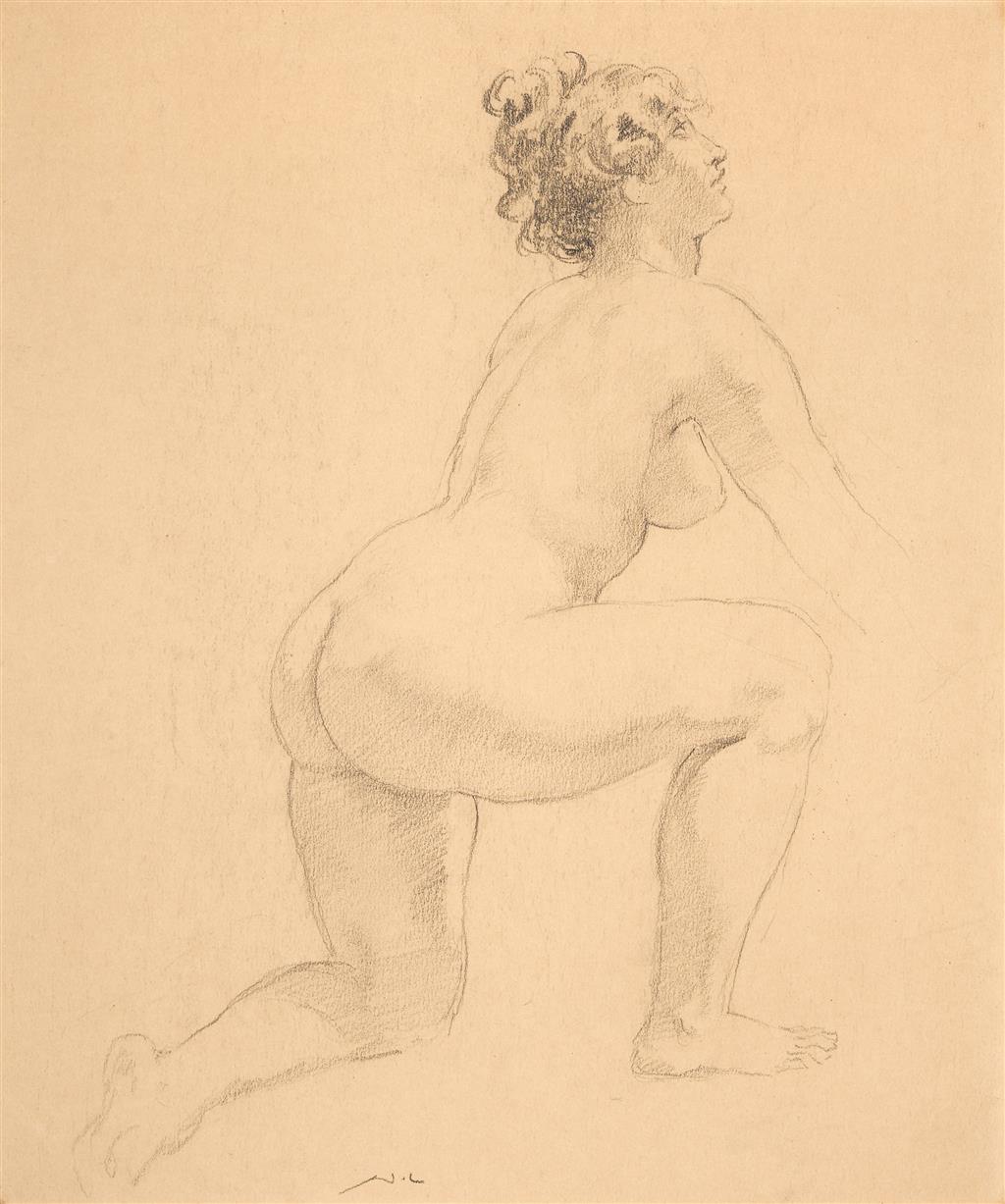 Norman Lindsay (1879-1969) - Large Original Signed Pencil Drawing 'Kneeling Nude' 32cm x 27.5cm