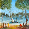 Pro Hart (1928-2006) - Original Oil Painting On Board 'Bush Walkers Resting"  14cm x 14cm