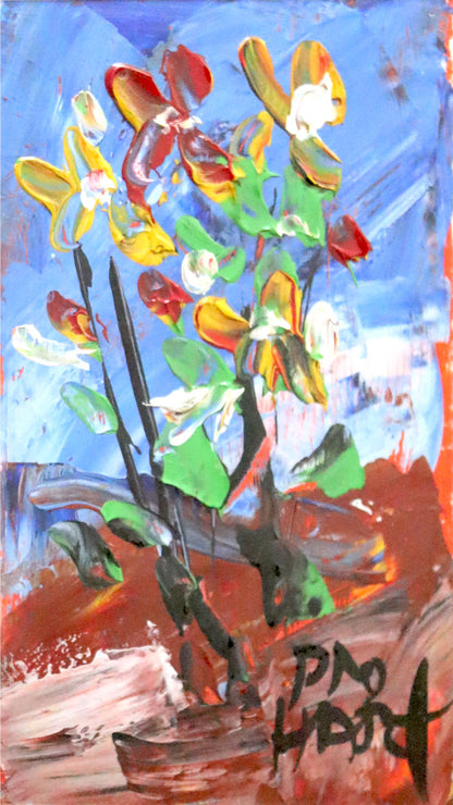 Pro Hart (1928-2006) - Original Oil Painting On Board 'Flowers' - 18cm x 11cm