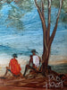 Pro Hart (1928-2006) - Original Oil Painting On Board 'Bush Walkers Resting"  14cm x 14cm