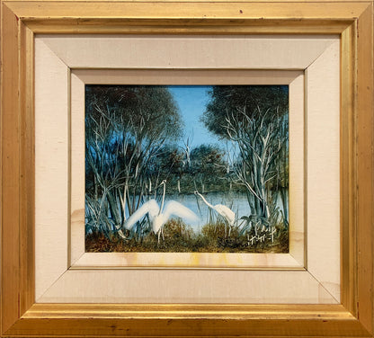 Pro Hart (1928-2006) Original Oil Painting On Board 'Waterbirds' 24cm x 29cm