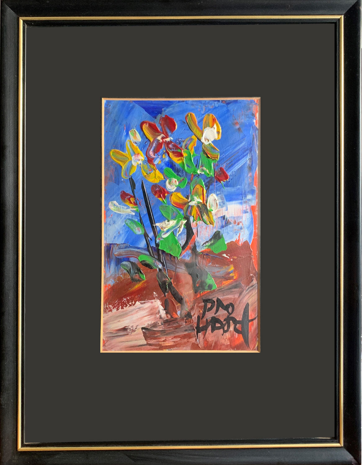 Pro Hart (1928-2006) - Original Oil Painting On Board 'Flowers' - 18cm x 11cm