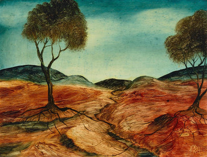 Pro Hart (1928-2006) Large Original Oil Painting On Board 'Parched Landscape"  26.5cm x 35.5cm