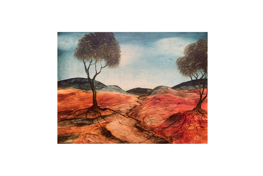 Pro Hart (1928-2006) Large Original Oil Painting On Board 'Parched Landscape"  26.5cm x 35.5cm