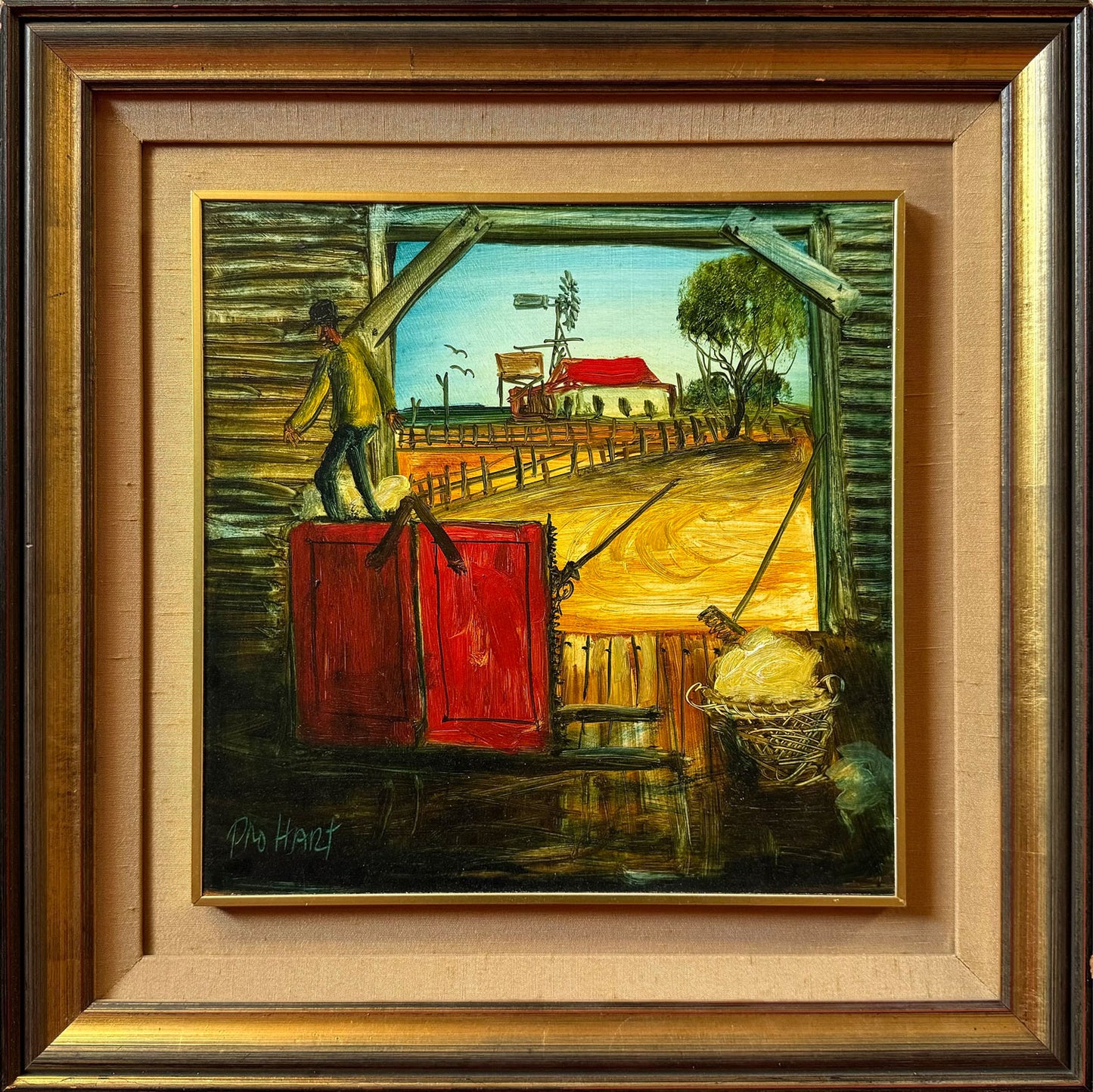 Pro Hart (1928-2006) - Large Original Oil Painting On Board 'The Woolpresser' 29.5cm x 29.5cm