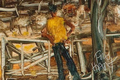 Pro Hart (1928-2006) - Original Oil Painting On Board 'Sheep Yards' - 20.5cm x 29.5cm