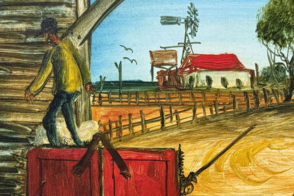 Pro Hart (1928-2006) - Large Original Oil Painting On Board 'The Woolpresser' 29.5cm x 29.5cm