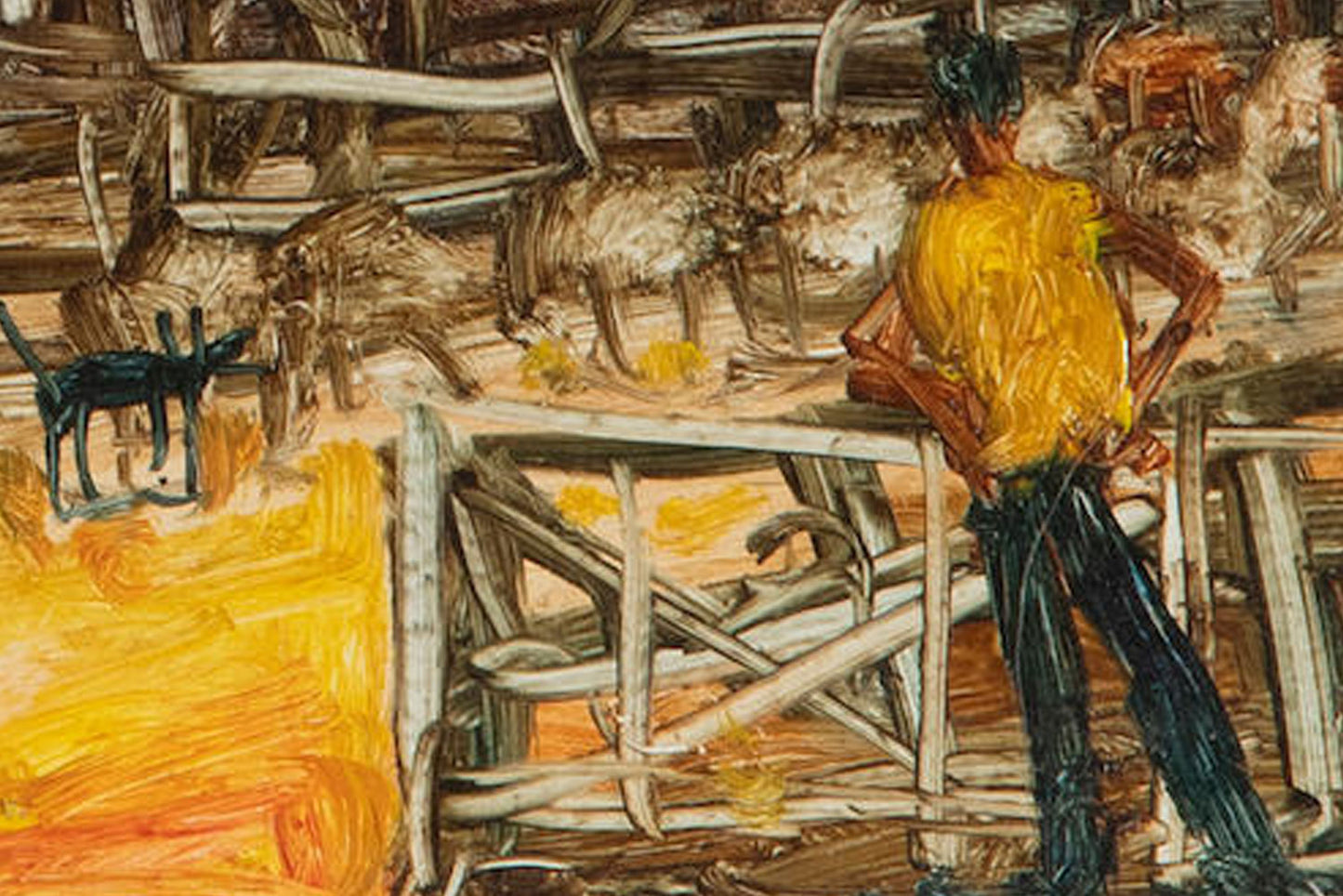 Pro Hart (1928-2006) - Original Oil Painting On Board 'Sheep Yards' - 20.5cm x 29.5cm