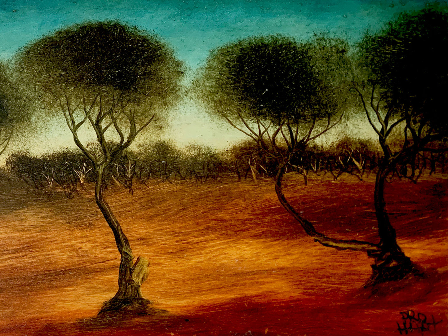 Pro Hart (1928-2006) Large Original Oil Painting "Outback Landscape" 29cm x 59cm