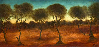 Pro Hart (1928-2006) Large Original Oil Painting "Outback Landscape" 29cm x 59cm