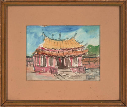 Pro Hart (1928-2006) - Original Watercolour Painting On Board 'Temple Study- Korea' - 17cm x 13cm