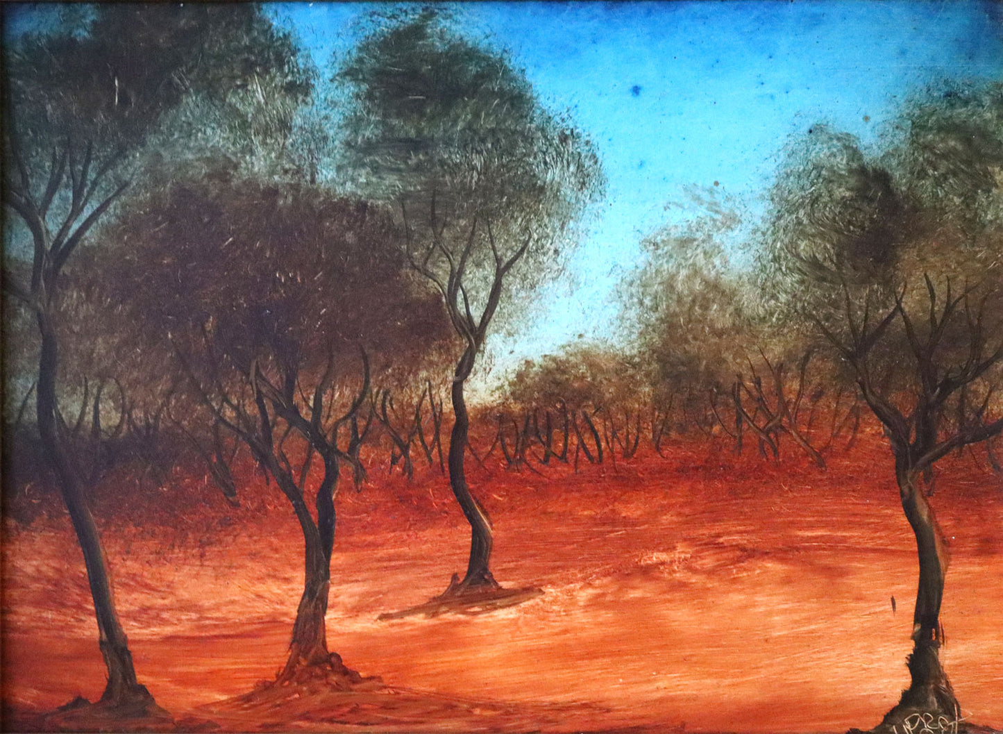 Pro Hart (1928-2006) - Original Oil on Board "Landscape With Two Trees" - 21cm x 29cm