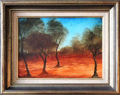 Pro Hart (1928-2006) - Original Oil on Board "Landscape With Two Trees" - 21cm x 29cm