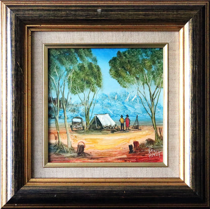 Pro Hart (1928-2006) - Original Oil Painting On Board 'Miners Camp' - 19.5cm x 19.5cm