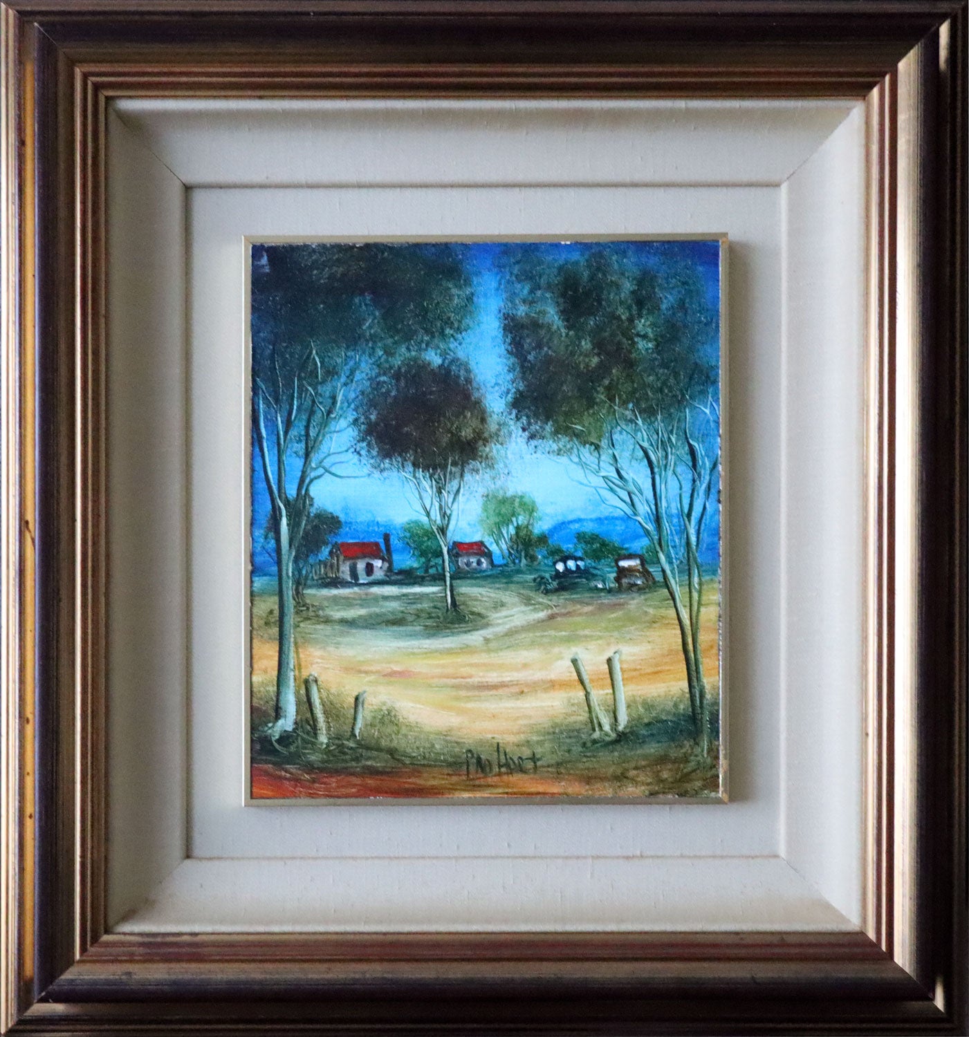 Pro Hart (1928-2006) - Large Original Oil Painting On Board 'The Old Homestead with Two Cars' - 25cm x 20cm