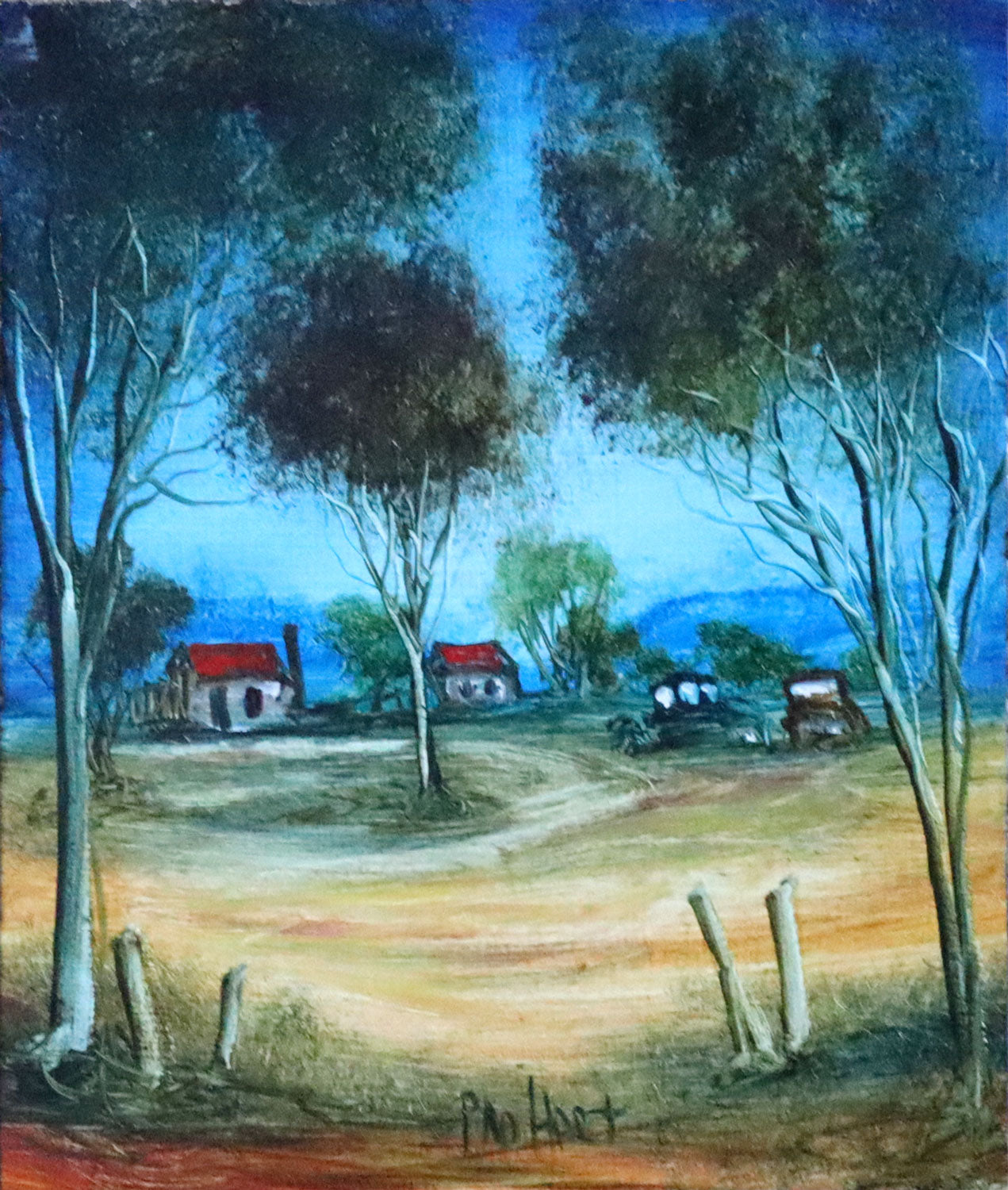 Pro Hart (1928-2006) - Large Original Oil Painting On Board 'The Old Homestead with Two Cars' - 25cm x 20cm